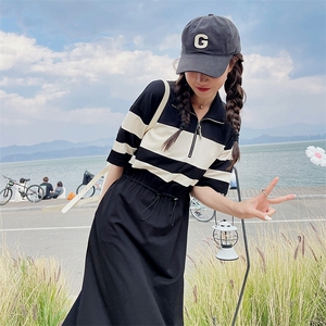 黑白拼接polo领连衣裙女2025夏季新款韩系休闲收腰显瘦直筒T恤裙图片