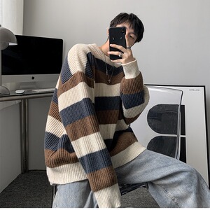 MY16撞色条纹圆领衫毛衣男复古条纹针织衫打底衫宽松慵懒风毛线衣图片