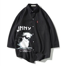 2021夏季新款日系大码男网格风猫咪印花宽松七分袖衬衫C3005-P45，男装衬衫，电商A001