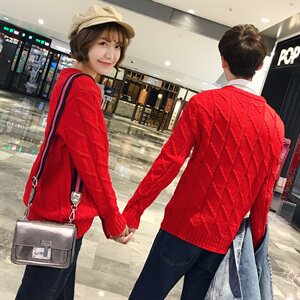 秋冬装情侣毛衣纯色V领毛线衣qlz男女毛衣 大红色816B-MY35图片