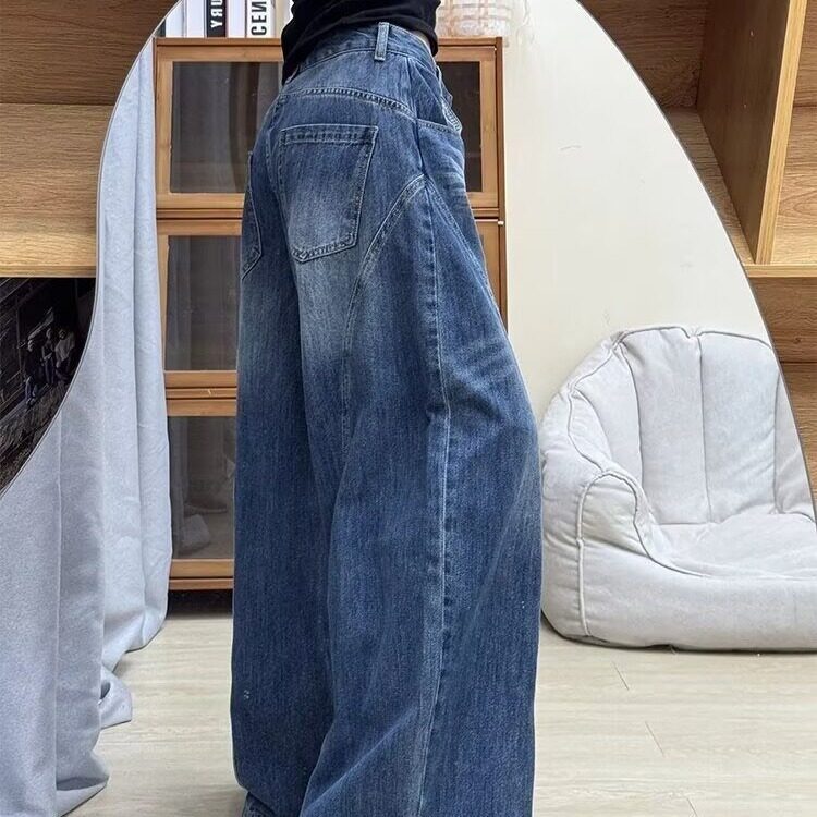 复古阔腿牛仔裤女秋冬季新款高腰显瘦高个子宽松垂感直筒拖地裤子,男装牛仔裤,星座506A