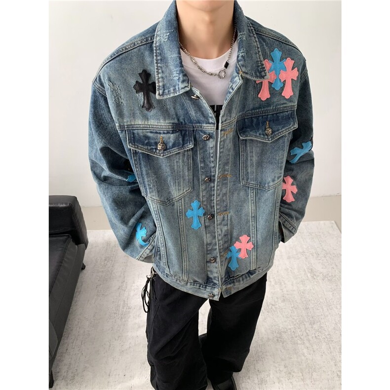 美式复古贴皮十字架牛仔外套男女休闲嘻哈痞帅水洗夹克图片