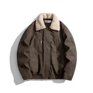 复古做旧可脱卸羊羔毛领大码M-5XL面层PU皮棉衣男77933P138,男装棉衣,星座227-7