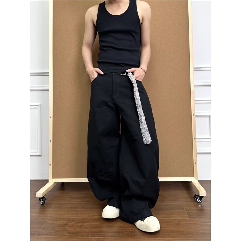 新款腰带解构高街弯刀牛仔裤男女宽松直筒休闲阔腿裤LN13244-P56,男装牛仔裤,星座1008
