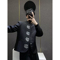 新中式立领黑色西装外套男高级感小众烫钻花朵重工垫肩西服，男装西服套装，四季星座505