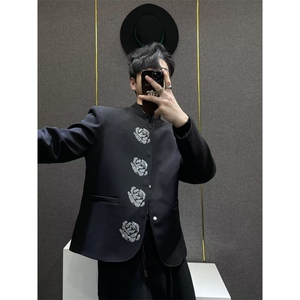 新中式立领黑色西装外套男高级感小众烫钻花朵重工垫肩西服图片
