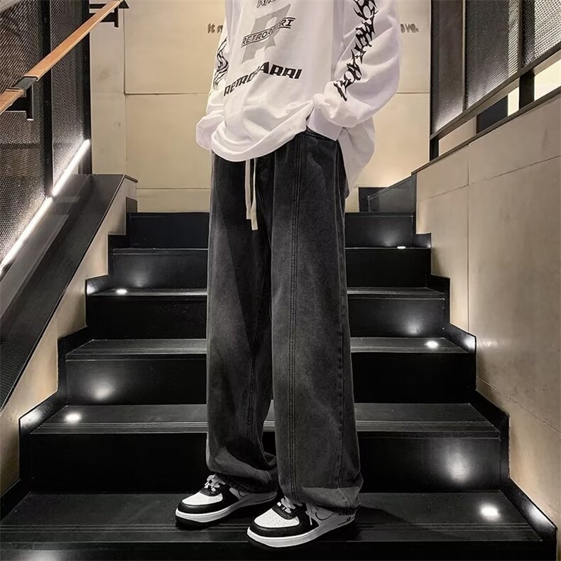 秋季复古牛仔裤男港风水洗宽松阔腿裤高街潮流抽绳直筒K7418-P35,男装牛仔裤,星座512-3