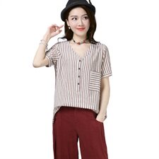 T恤V领口袋纽扣竖条纹2021年夏季短袖宽松个性修身显瘦，女装T恤，独衣靓