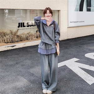 韩版宽松格子拼接连帽卫衣套装女2025秋新款慵懒风休闲卫裤两件套图片