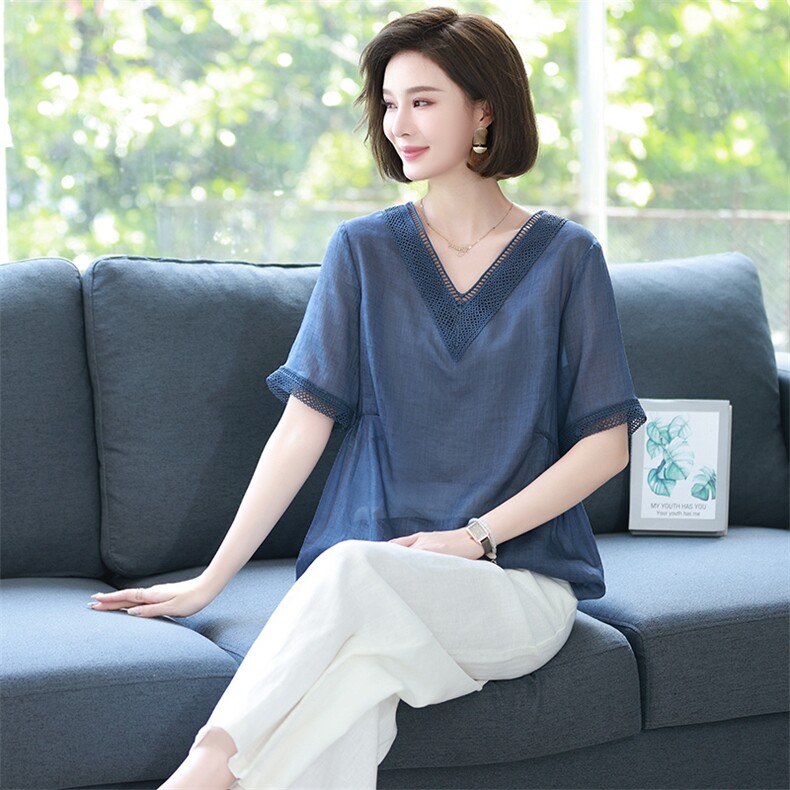 夏季棉麻女上衣妈妈苎麻小衫2025年新款休闲宽松薄款减龄亚麻衬衫,女装T恤,丽影随形