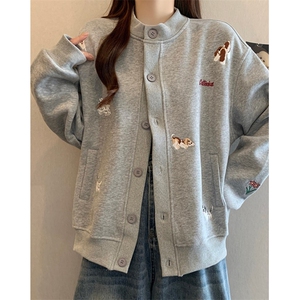 可爱小狗刺绣灰色圆领棒球服外套女春秋情侣开衫卫衣 W2052图片
