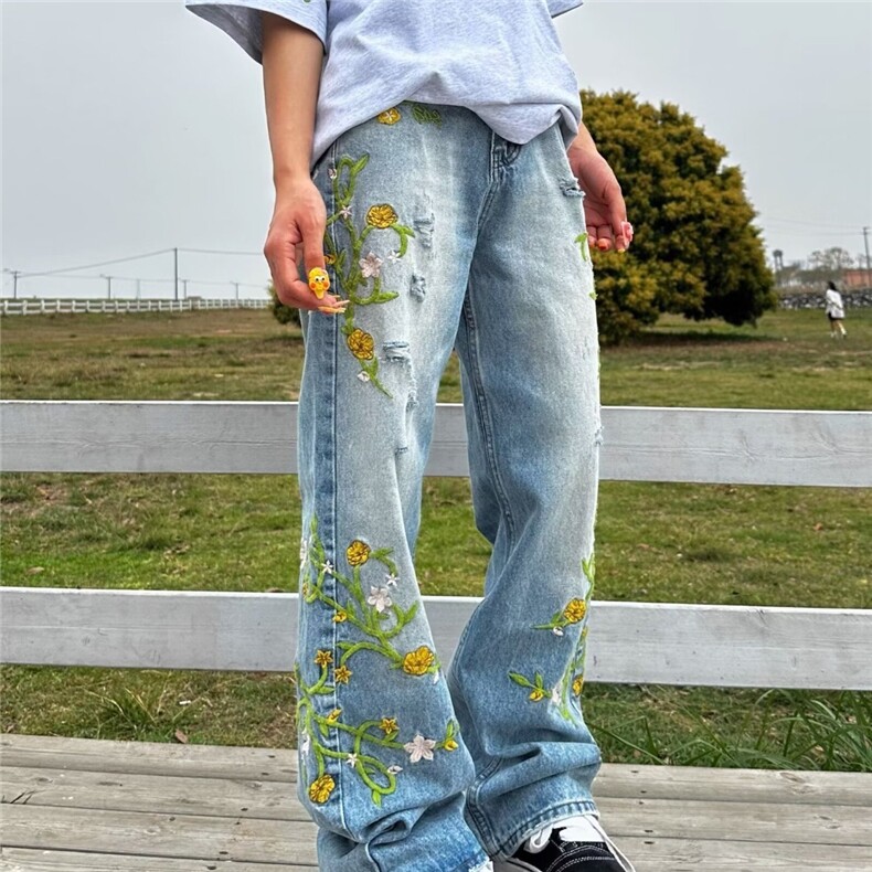2025夏季花卉刺绣牛仔裤男女潮牌宽松直筒休闲百搭长裤NA6076-P63，男装牛仔裤，星座208-5