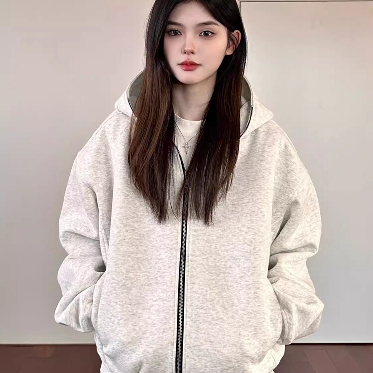 白灰色连帽女士卫衣2025新款春秋冬季新款oversize慵懒风开衫外套,女装短外套,星座218-8