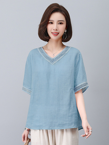 大码女装胖mm2025夏季宽松复古民族风刺绣苎麻小衫上衣休闲裤图片