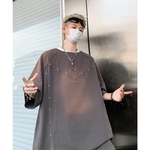 水洗做旧短袖t恤男 夏季美式复古铆钉解构上衣XZ514-2-202438-P68图片