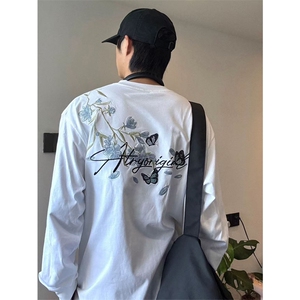网图有货 美式高街花卉蝴蝶刺绣长袖T恤男女宽松情侣上衣A964-P40图片
