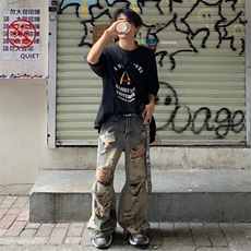 wassuphappy破洞牛仔裤男士春秋季潮牌美式阔腿裤直筒休闲长裤子，男装牛仔裤，星座1001-1