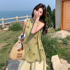 新中式国风碎花绿色阔腿裤套装女夏2025新款绝美显瘦高级感两件套，女装套装/套裙，2C122