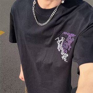 个性设计感潮牌字母刺绣短袖T恤男夏季新款纯棉重磅美式宽松上衣图片