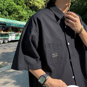 五分袖夏季潮流气质新款青春流行潮衬衫方领原宿纯色男简约图片