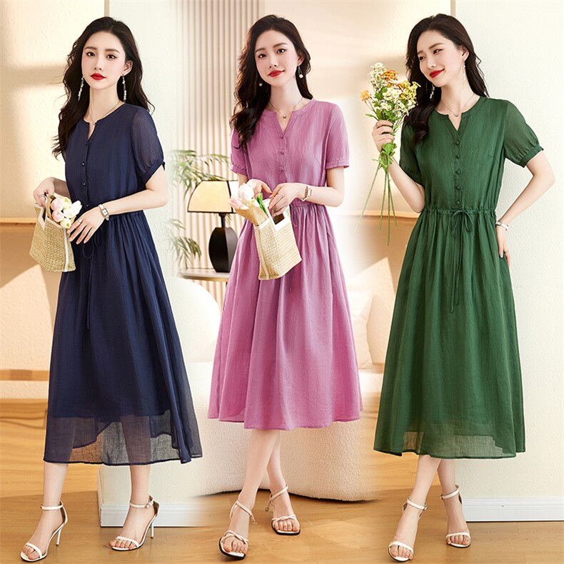 高端苎麻连衣裙女夏新款文艺复古气质收腰显瘦中长款棉麻裙子，女装连衣裙，倪叶myz