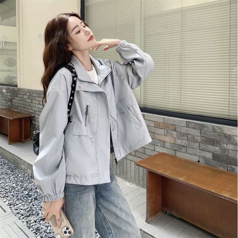 设计感立领皮衣外套女2025秋季新款复古宽松百搭小个子工装夹克潮,女装皮衣,2C056