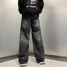 牛仔裤男美式高街潮牌嘻哈阔腿长裤宽松直筒N08185-P50，男装牛仔裤，星座308B-1