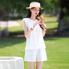 现货夏季新款时尚上衣潮流两面穿套装女洋气小个子休闲短裤两件套，女装套装/套裙，韩美纤衣