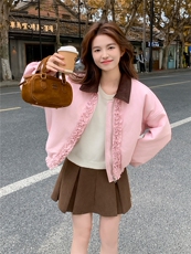 粉色木耳边加厚保暖短外套冬小个子减龄高级感超好看上衣，女装短外套，浙宝176（原073）