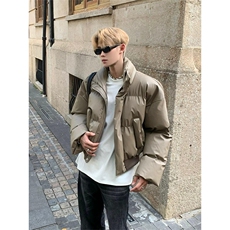 现货5W件冬季三防重磅硬挺boxy短款羽绒立领PU皮棉衣外套加厚棉服，男装棉衣，电商A443