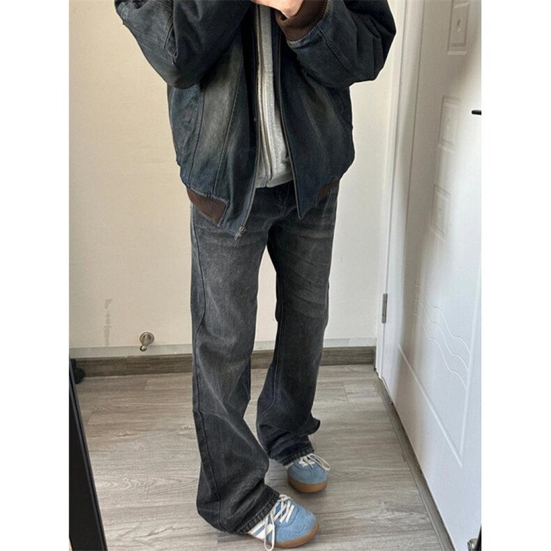 W11113-P48 网图现货 春季新款黑灰色百搭宽松直筒复古水洗牛仔裤图片