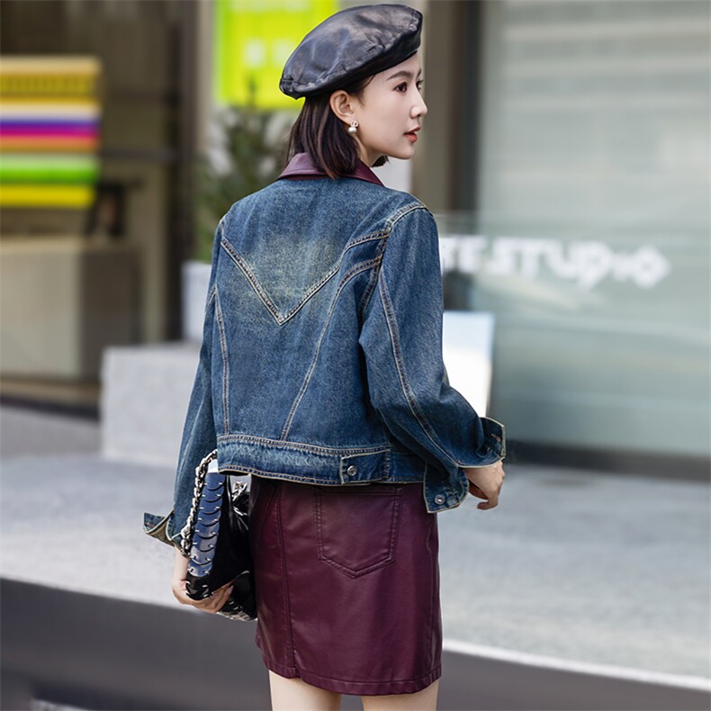 现货秋季新款韩版百搭港风复古牛仔外套女PU皮拼接夹克显瘦上衣，女装牛仔外套，江南女神