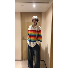 【有货】D939-特P45多巴胺条纹镂空针织开衫男女宽松撞色连帽长袖，男装针织衫/毛衣，星座603-2