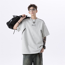 XZ1005-1-TTH0039-P48-夏季重磅垫肩金属拉链设计感短袖T恤，男装T恤，星座1005-1