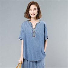 宽松大码显瘦天丝水洗牛仔休闲时尚女时髦洋气，女装T恤，叶笙衣