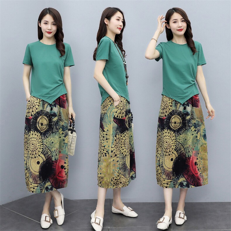 2021新款女夏装圆领针织上衣花色长裙套装套裙，女装套装/套裙，施恩睿棋