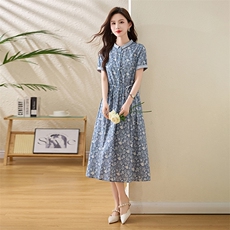 高级感气质纯棉女士连衣裙2026新款妈妈收腰显瘦碎花裙贵夫人裙子，女装连衣裙，倪叶myz