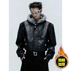 现货冬季美式潮牌痞帅PU皮机车服棉衣毛毛绒狼王座山雕皮棉服，男装棉衣，电商A486