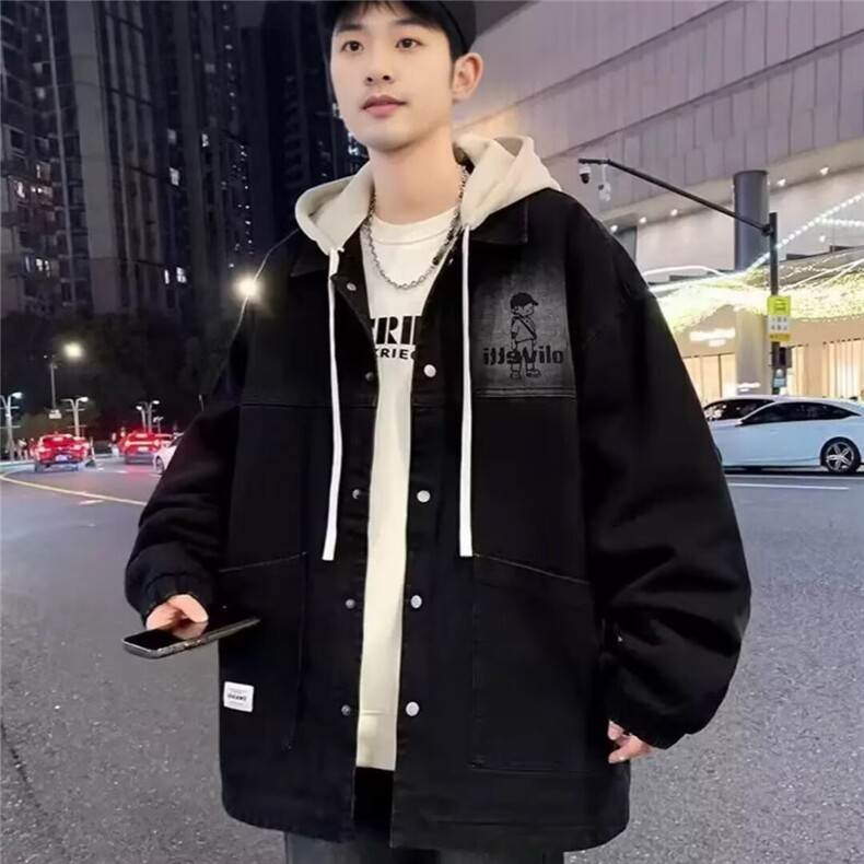 2025年春秋季新款牛仔外套男士可脱卸帽潮流帅气学生百搭工装夹克，男装工装外套，星座506A