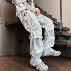 港风K999-P55M-6XL秋季新款大码扎染褶皱工装长裤伞兵裤