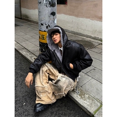 1506/QS60290/P124霜冻裂纹皮1500G仿水貂连帽PU皮高级感棉服夹克，男装夹克，星座1506