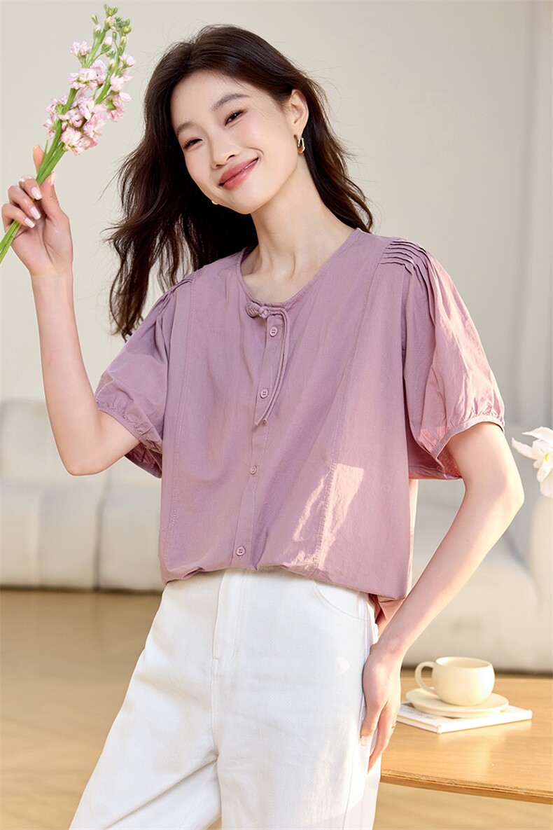 新中式盘扣短袖纯棉衬衣女2025夏季新款休闲宽松显瘦圆领衬衫上衣,女装衬衫,文熹诺