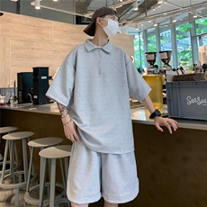简约半拉链polo领t恤短裤两件套夏季男女纹理休闲套装W4867-P49，男装休闲套装，星座412-3