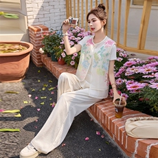 现货重工艺荷叶刺绣马甲阔腿裤女夏季休闲宽松两件套美静678P165，女装套装/套裙，美静678