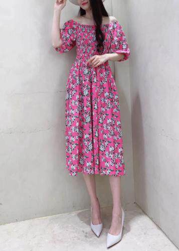 韩版碎花一字肩连衣裙，女装连衣裙，奥莎