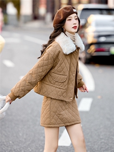 复古菱格羽绒服套装裙女2025冬季新款超好看气质毛领收腰两件套图片