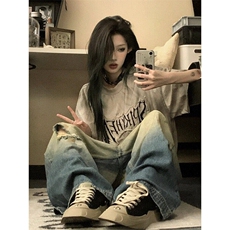 美式复古做旧字母刺绣扎染短袖T恤男女宽松休闲上衣夏LH3144-p50，男装T恤，星座1008