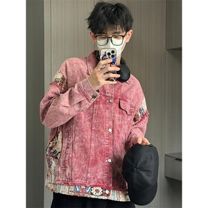 复古拼接牛仔外套男春秋宽松设计感小众休闲工装夹克上衣 N2104图片
