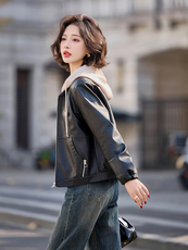 可脱卸帽子休闲皮衣外套大量现货2025春季女装新款女士皮衣HZ0602，女装皮衣，缘衣格