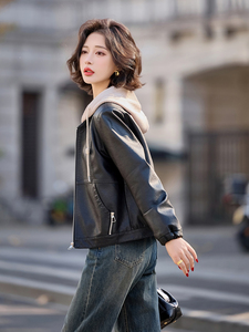 可脱卸帽子休闲皮衣外套大量现货2025春季女装新款女士皮衣HZ0602图片